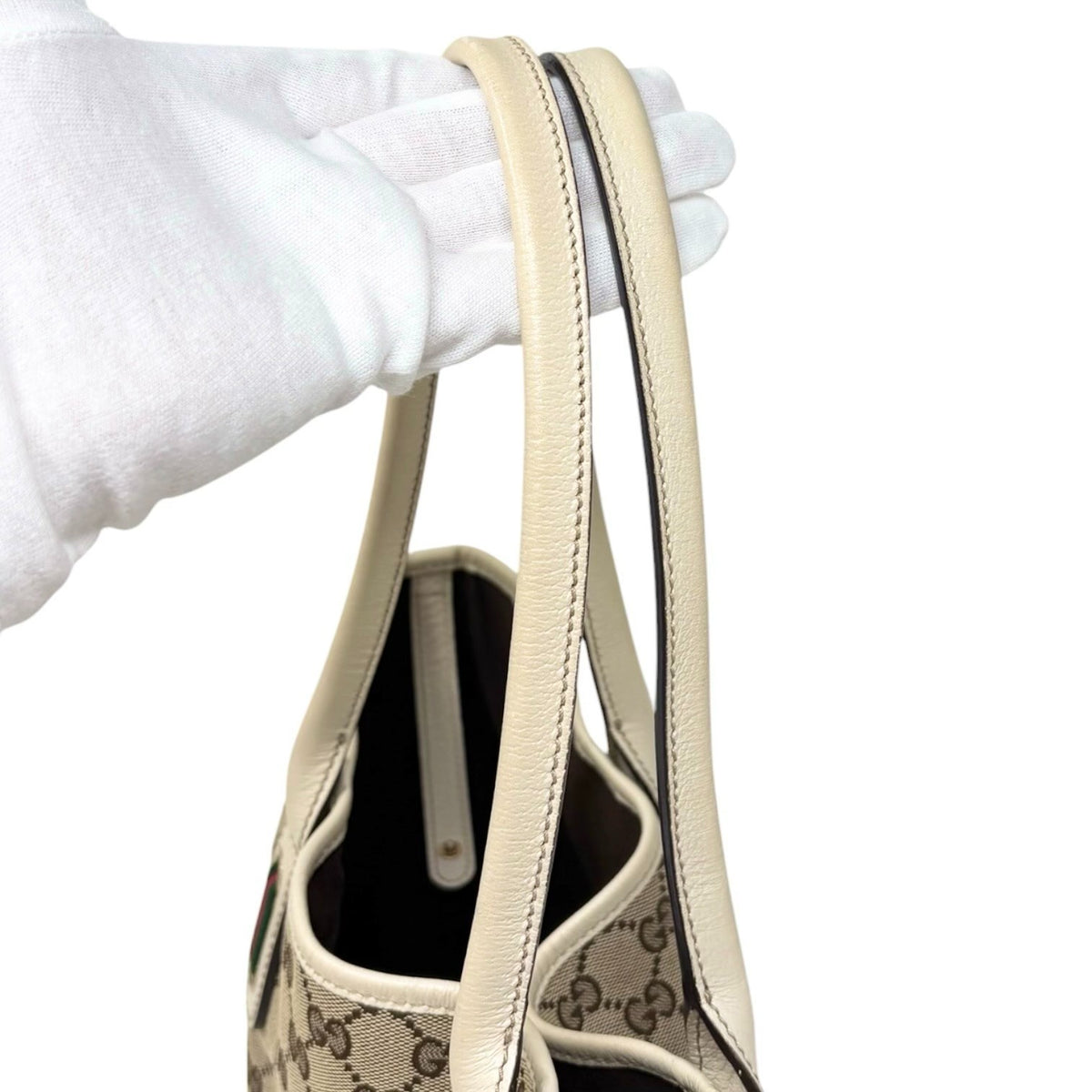 GUCCI Vintage GG Monogram Web Stripe Ribbon Tote Shoulder Bag Beige 902324