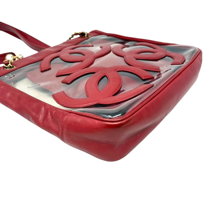 CHANEL Vintage Triple CC Logo Clear Tote Shoulder Bag Red Pouch 902320