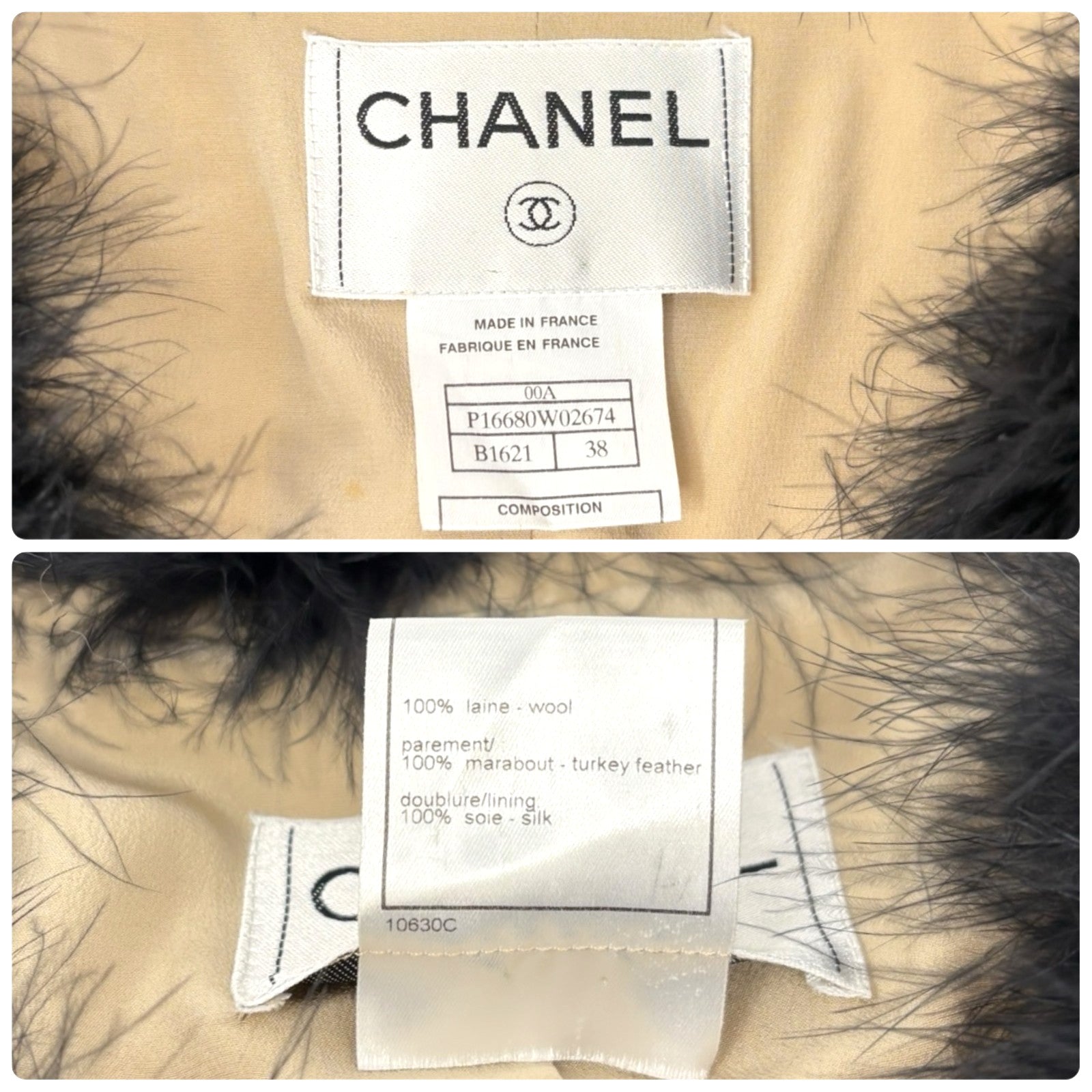 CHANEL Vintage 00A CC Logo Tweed Long Coat Fur Jacket #38 Zip Cream Black Wool