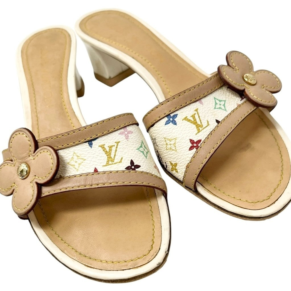 LOUIS VUITTON Vintage Logo Monogram Multicolor Sandals #36-36.5 White Leather