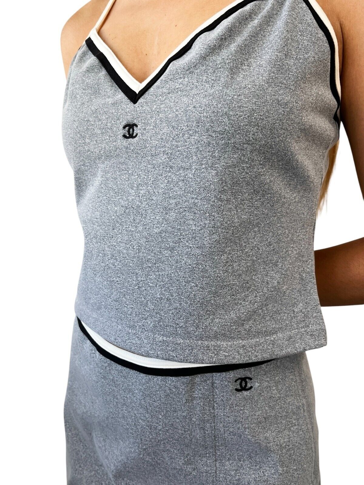 CHANEL Vintage 98P CC Logo Camisole Skirt Set #38 Separate Gray White Nylon