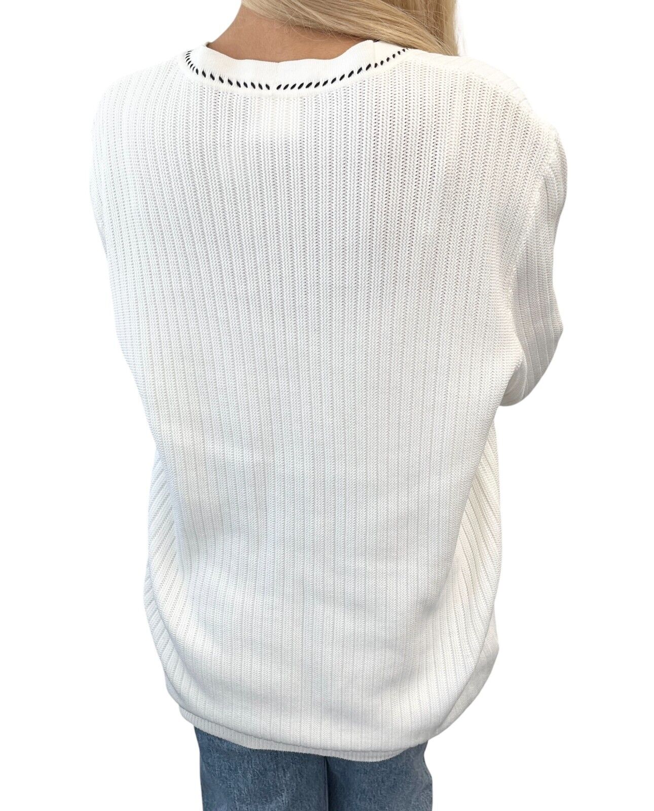 CHANEL Vintage 96P CC Logo Cardigan Sweater Top #42 Button White Black Cotton