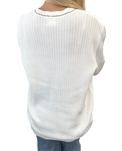 CHANEL Vintage 96P CC Logo Cardigan Sweater Top #42 Button White Black Cotton