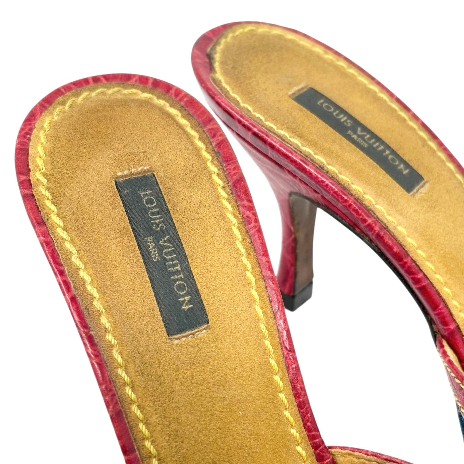 LOUIS VUITTON Vintage Monogram Denim Mule Sandals Heels #39 Blue Red Leather