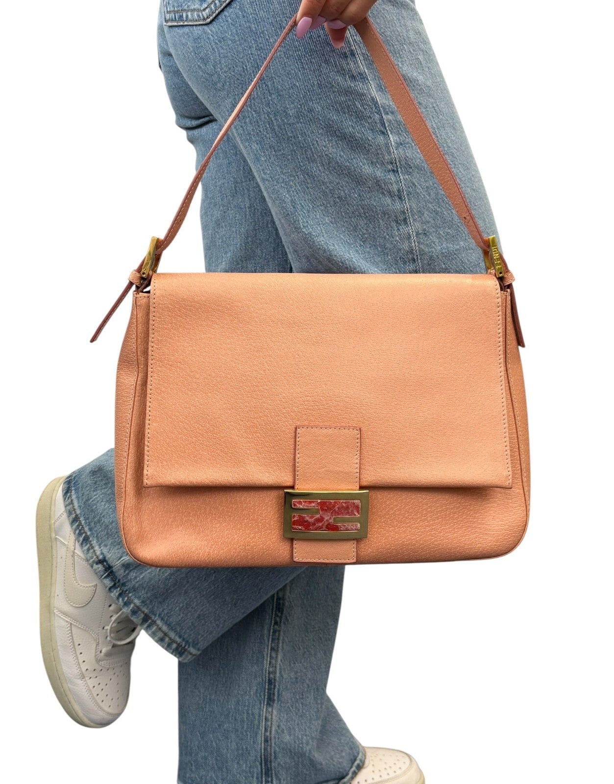 FENDI Vintage FF Logo Mamma Baguette Shoulder Bag Handbag Salmon Pink Leather