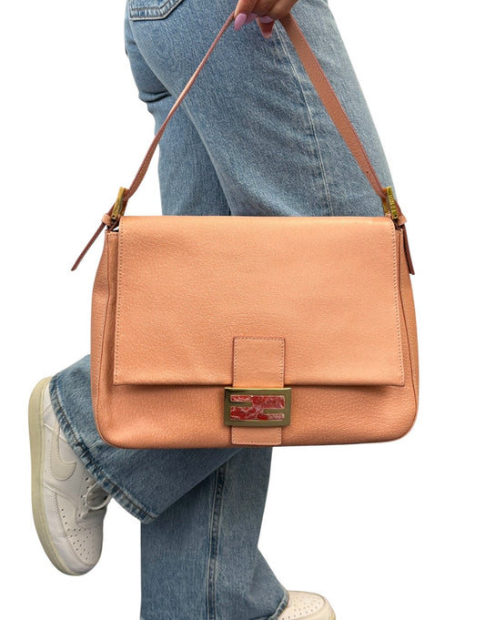 FENDI Vintage FF Logo Mamma Baguette Shoulder Bag Handbag Salmon Pink Leather