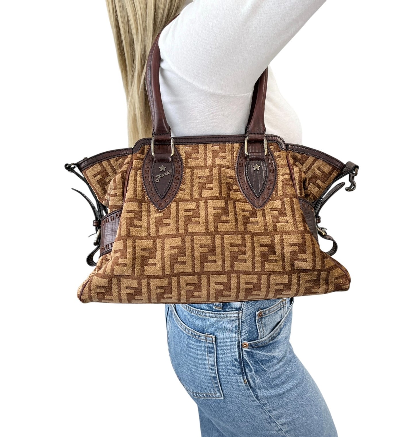 FENDI Vintage FF Logo Zucca Etniko Shoulder Bag Brown Gold Velour Leather