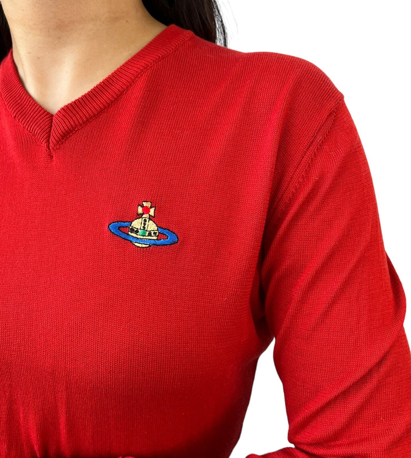 Vivienne Westwood Vintage Orb Logo Cropped Top #M V-neck Red Knit Cotton RankAB
