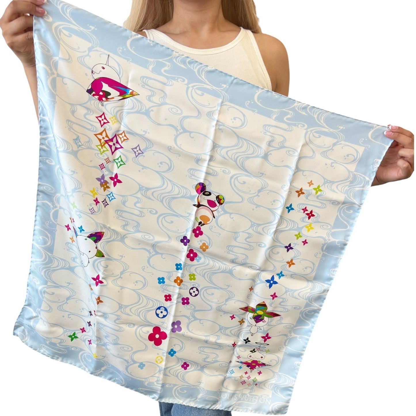 LOUIS VUITTON Vintage Panda Wave Multicolore Scarf Takashi Murakami Blue 901928