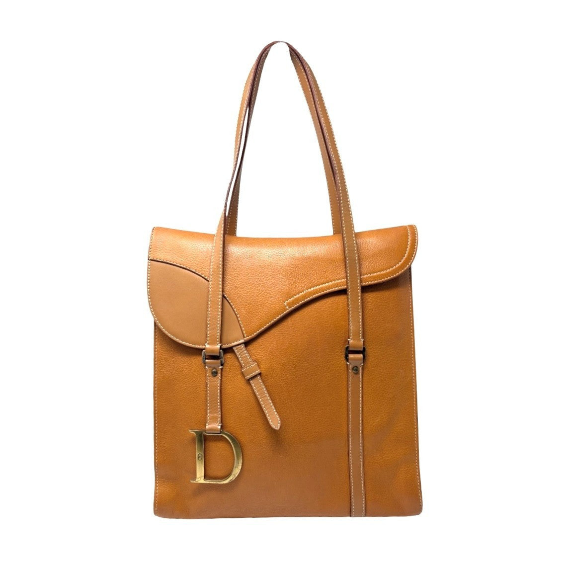 Christian Dior Vintage 2002 Logo Saddle Shoulder Tote Bag Camel Gold Leather