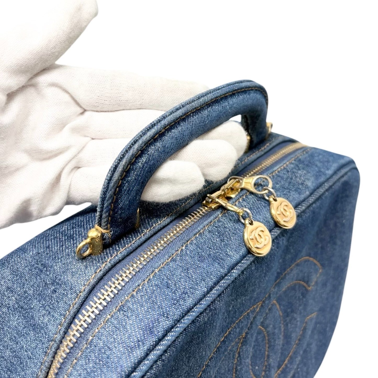 CHANEL Vintage CC Logo Denim 2way Vanity Shoulder Bag Blue Gold Handbag