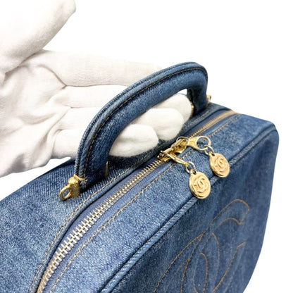 CHANEL Vintage CC Logo Denim 2way Vanity Shoulder Bag Blue Gold Handbag