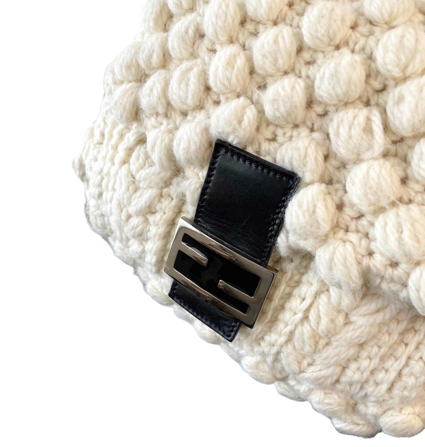FENDI Vintage FF Logo Knit Mamma Baguette Shoulder Bag Wool Cream 902239