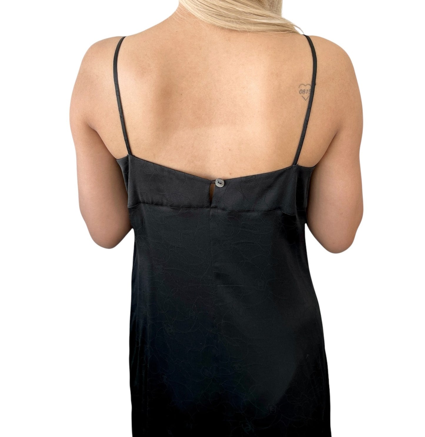 CHANEL Vintage 01P CC Logo Dress One-piece Flower Camellia Button Black Silk