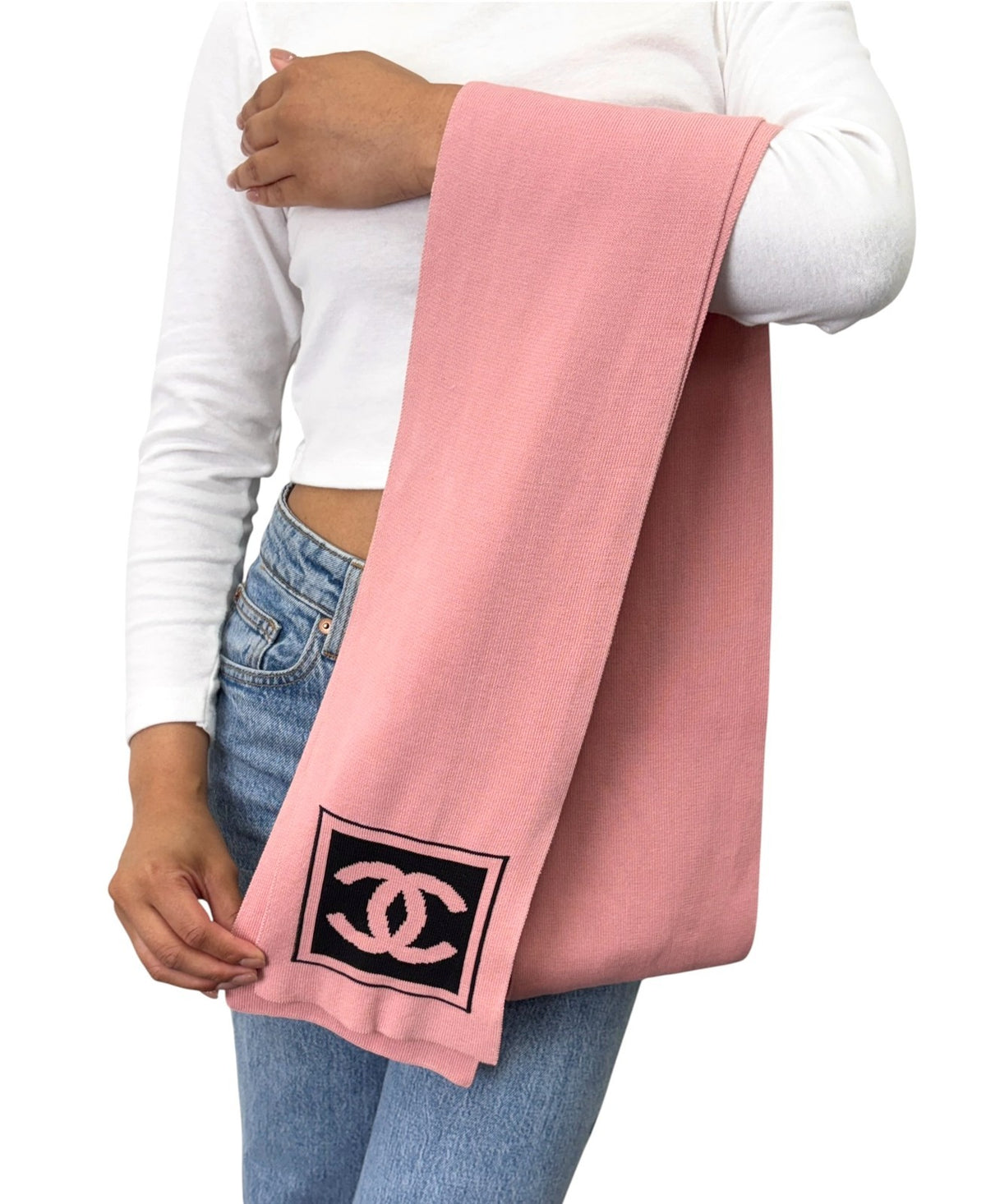 CHANEL Sport Vintage CC Logo Knit Scarf Stole Pink Black Cotton 902918