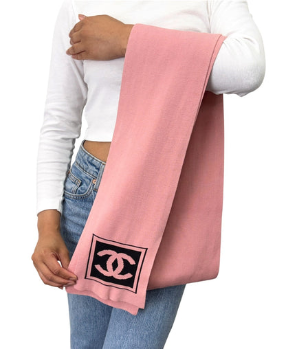 CHANEL Sport Vintage CC Logo Knit Scarf Stole Pink Black Cotton 902918