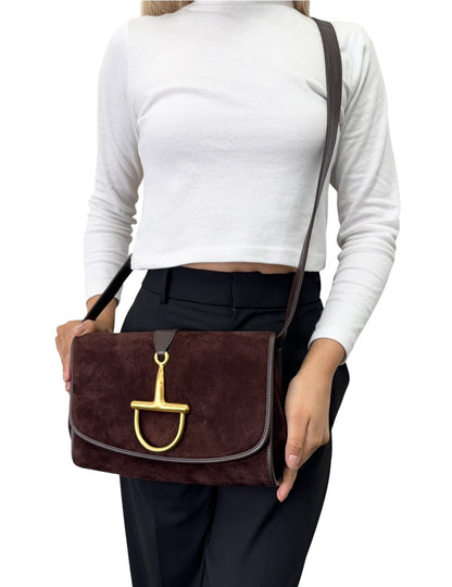 GUCCI Vintage Logo Horsebit Crossbody Bag Brown Gold Suede Leather 902824