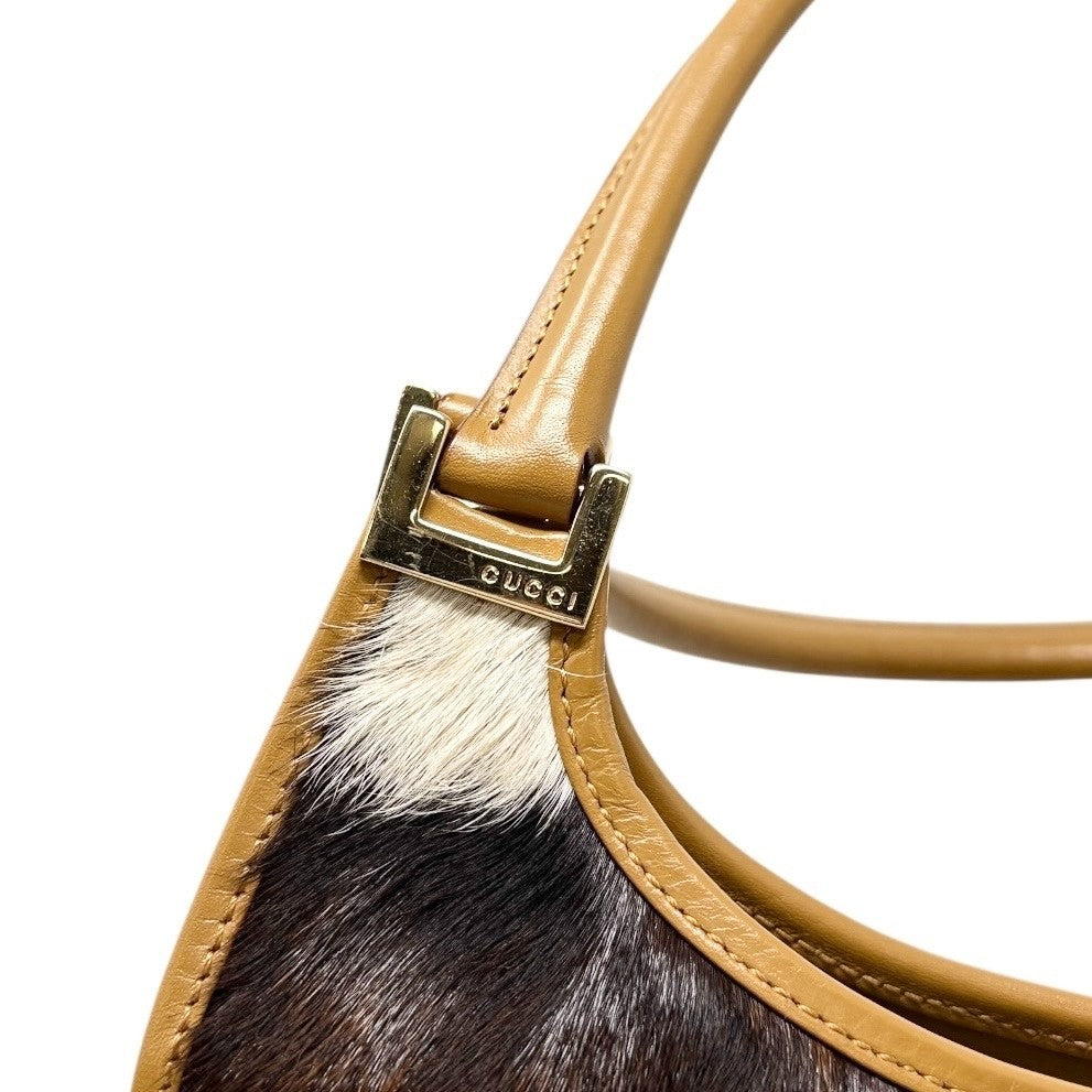 GUCCI Vintage Jackie Cow Pony Calf Hair Shoulder Bag Brown Gold Leather