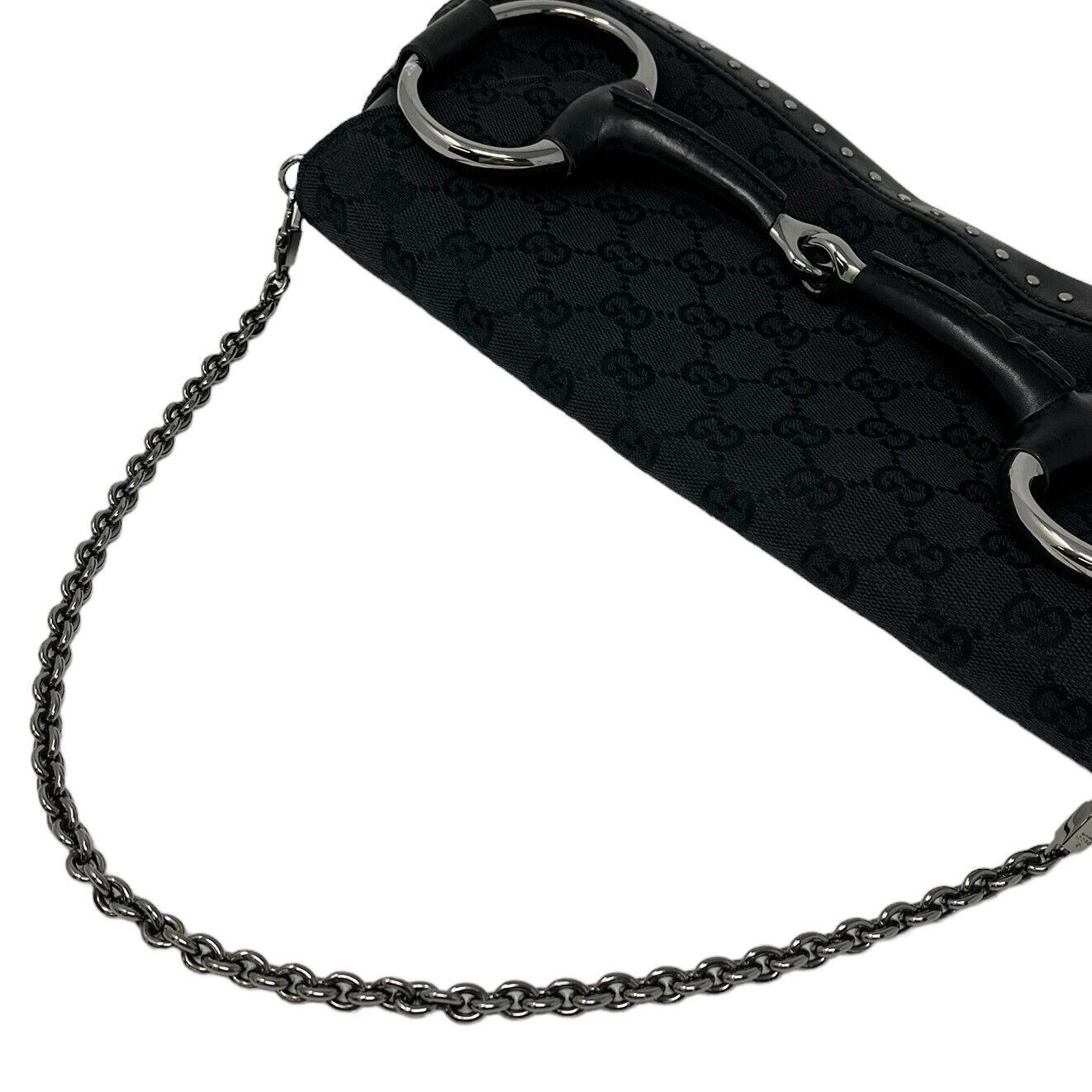 GUCCI Vintage GG Monogram Horsebit Chain Shoulder Bag Black Canvas Rank AB