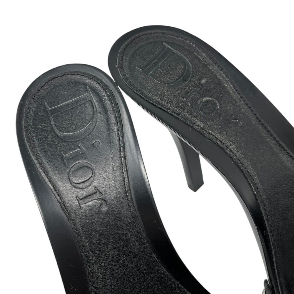 Christian Dior Vintage Logo Sandals Heels Mules #37.5-38 Black Silver Plastic