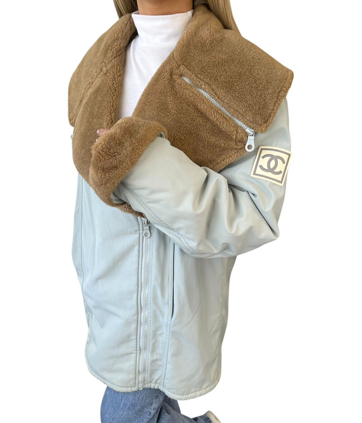 CHANEL Sport Vintage 01A CC Fur Collar Coat Jacket #38 Light Blue Brown 902901
