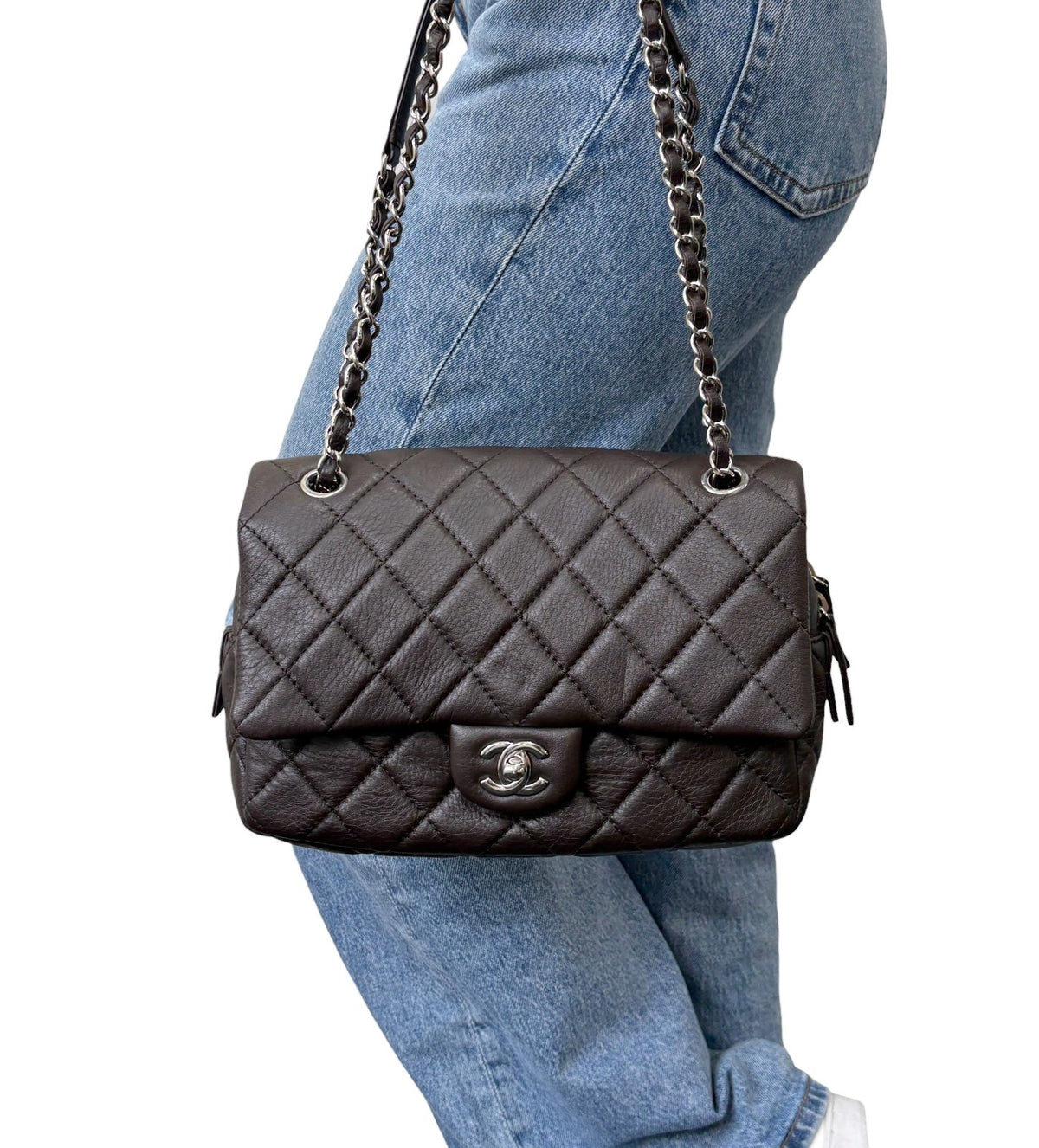 CHANEL Vintage CC Logo Quilted Chain 2way Bag Dark Brown Leather 902478