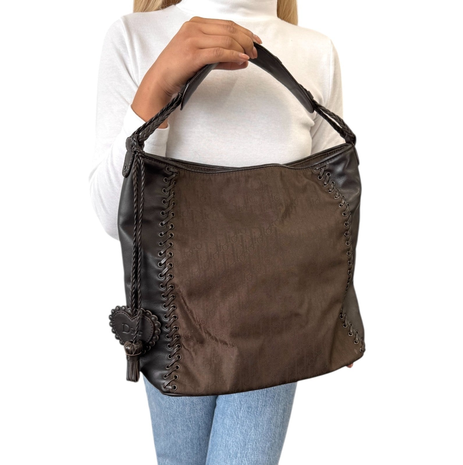 Christian Dior Vintage 2007 Logo Trotter Monogram Tote Bag Heart Brown Leather