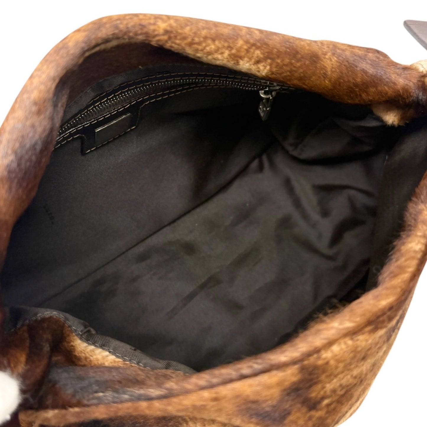 FENDI Vintage FF Logo Mamma Baguette Pony Calf Hair Shoulder Bag Brown Leather