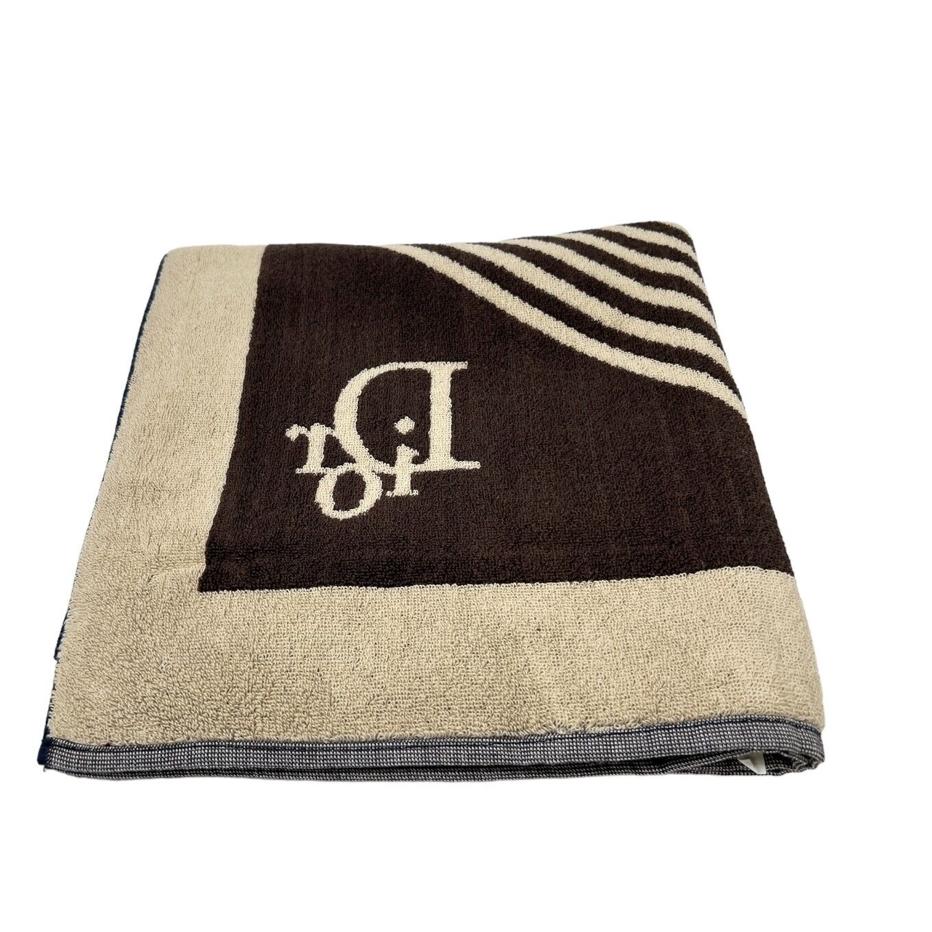 Christian Dior Vintage Logo Beach Towel Terry Cloth Brown Beige Cotton RankAB