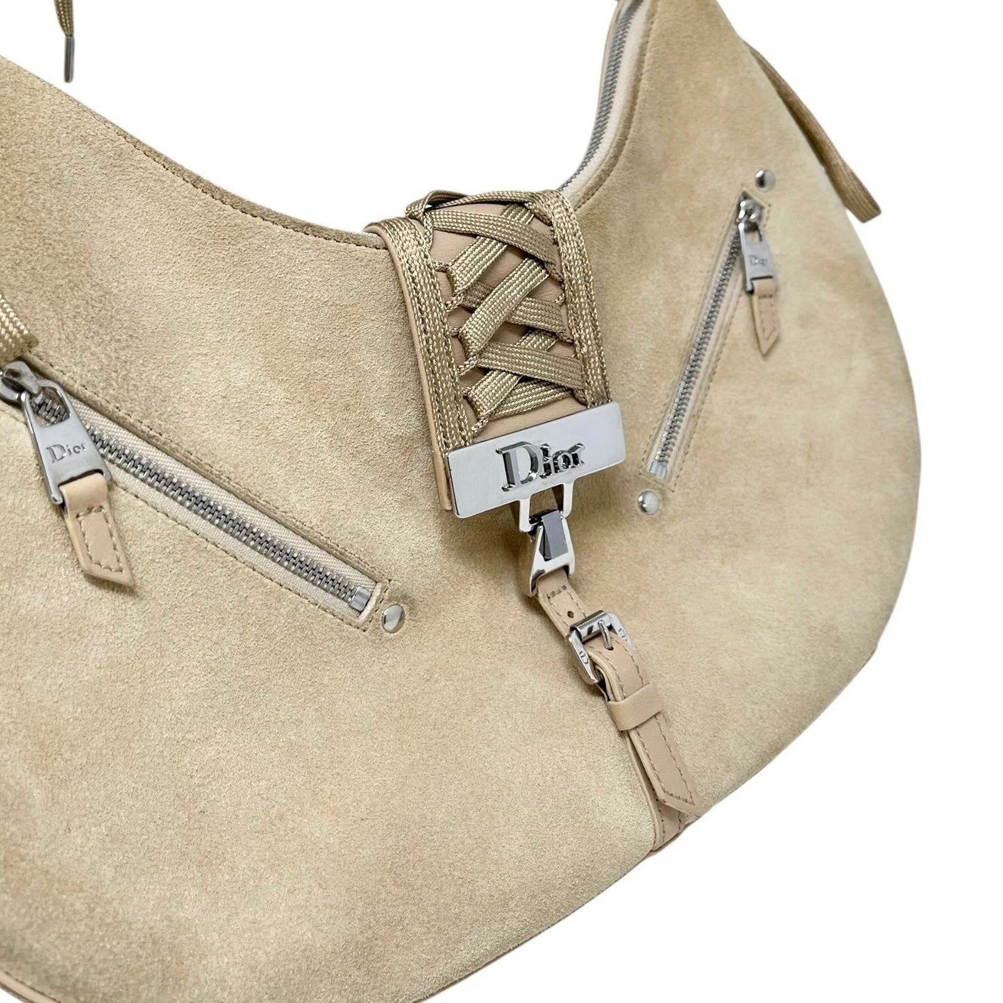 Christian Dior Vintage 2002 Admit It Suede Shoulder Bag Lace Up Beige Silver