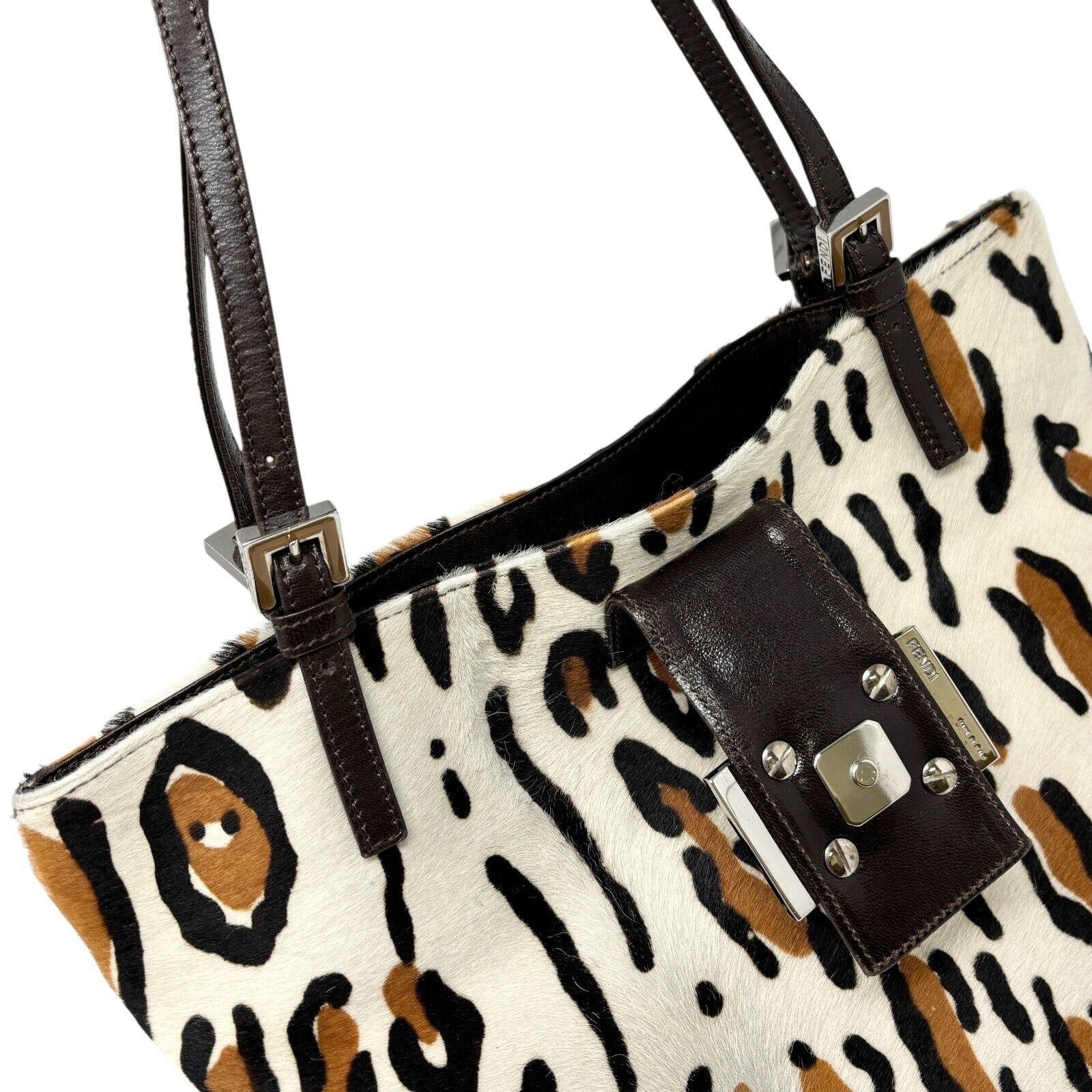 FENDI Vintage FF Logo Mamma Baguette Tote Bag Animal Print White Calf Hair