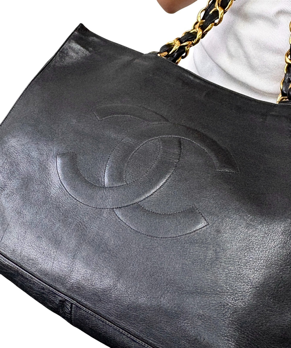 CHANEL Vintage Big CC Logo Chain Tote Shoulder Bag Black Gold Leather 902803