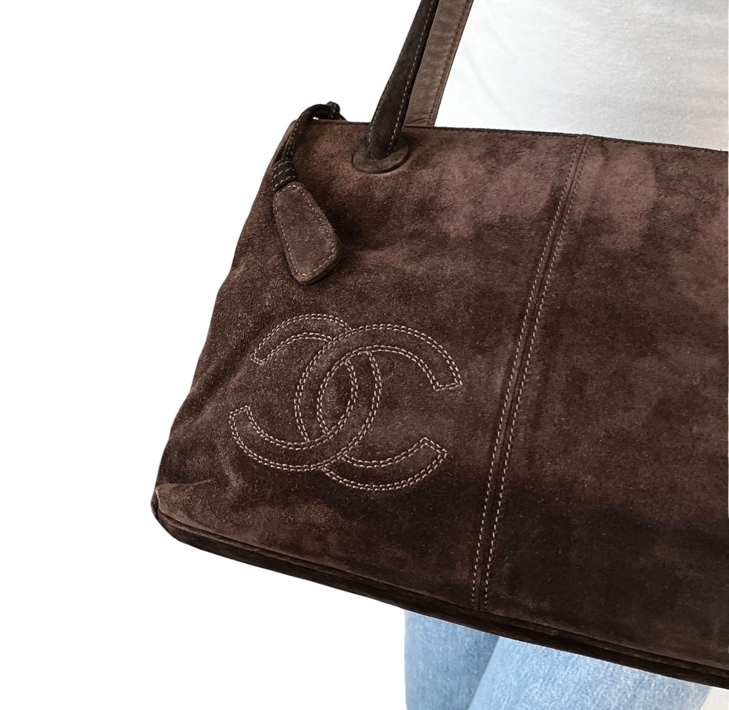 CHANEL Vintage Embroidered CC Logo Suede Tote Shoulder Bag Dark Brown Stitch