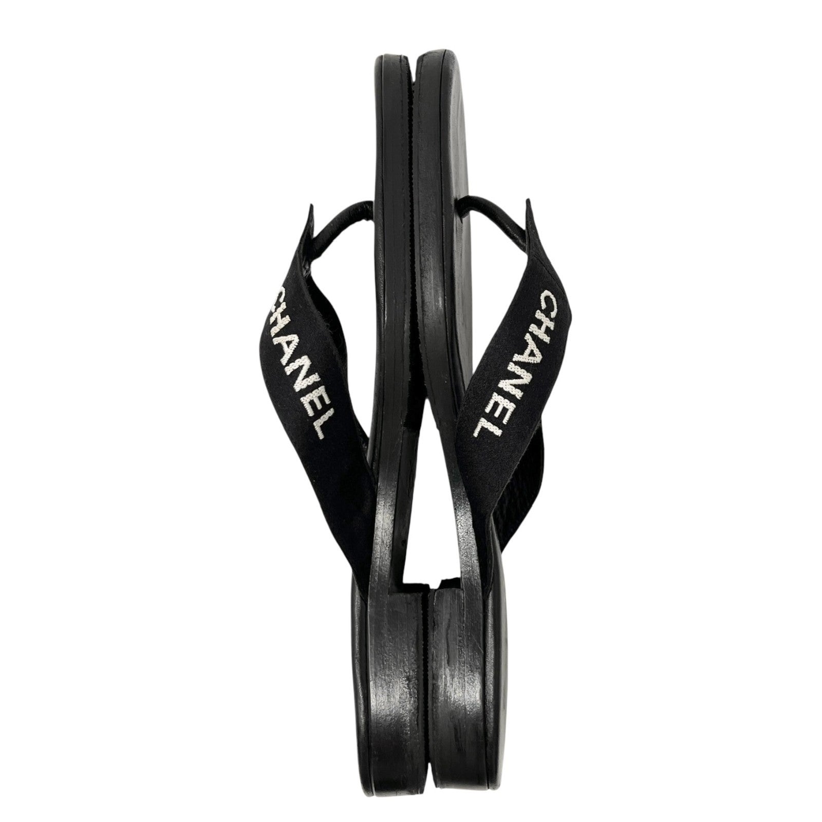 CHANEL Vintage CC Mark Logo Flip-Flops Sandals #37 Flat Black Leather Satin