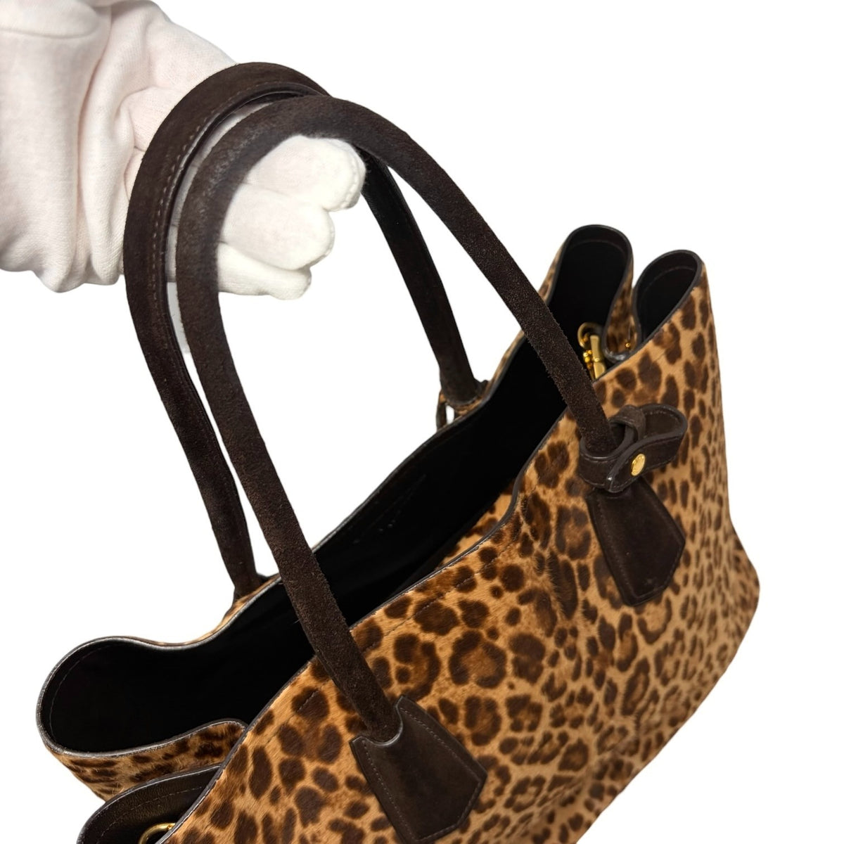 PRADA Vintage Triangle Logo Leopard Tote Bag Brown Black Pony Calf Hair 902452