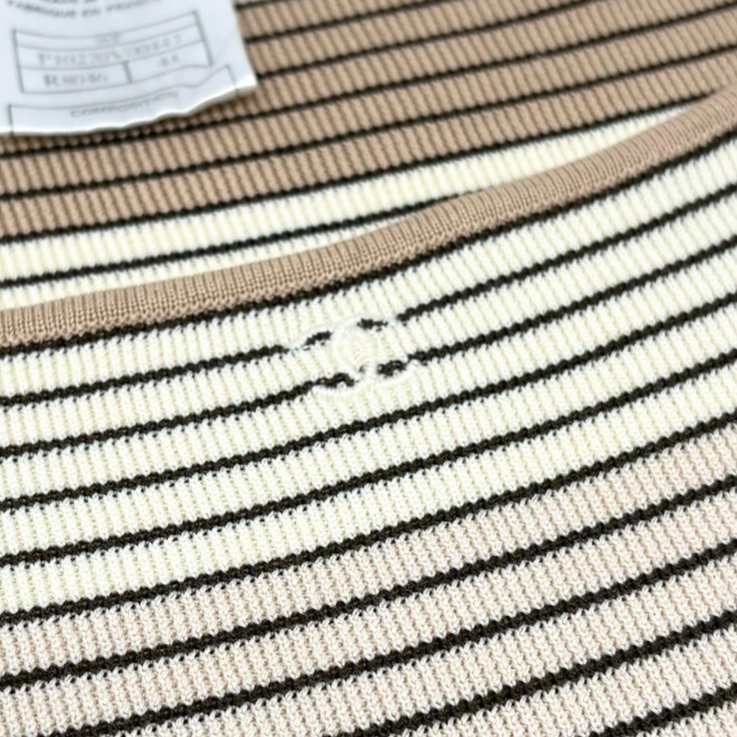 CHANEL Vintage 98P CC Mark Logo Stripe Knit T-shirt Top #44 Beige Brown Pullover