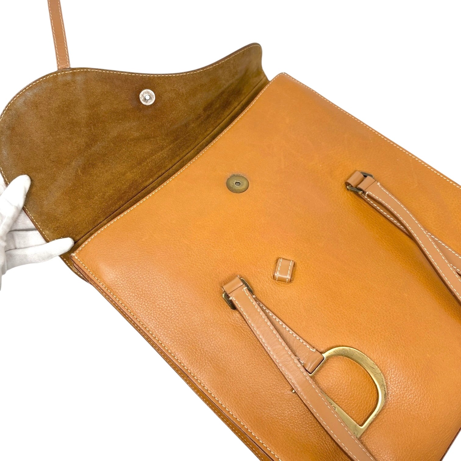 Christian Dior Vintage 2002 Logo Saddle Shoulder Tote Bag Camel Gold Leather