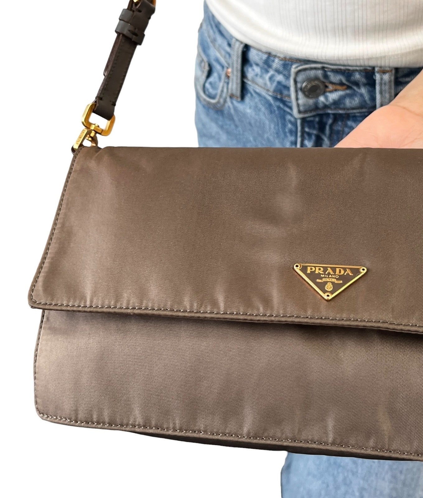PRADA Vintage Triangle Logo Tessuto Shoulder Bag Khaki Gold Nylon 106543