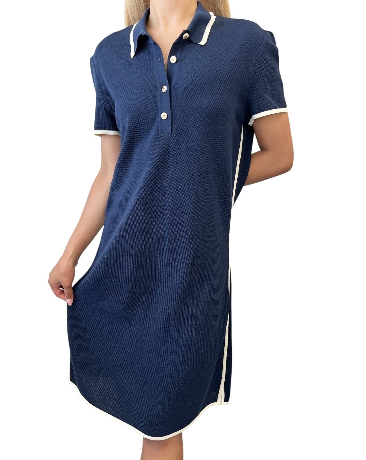 CHANEL Vintage 96C CC Logo Polo Dress One-Piece Button #42 Navy White Cotton