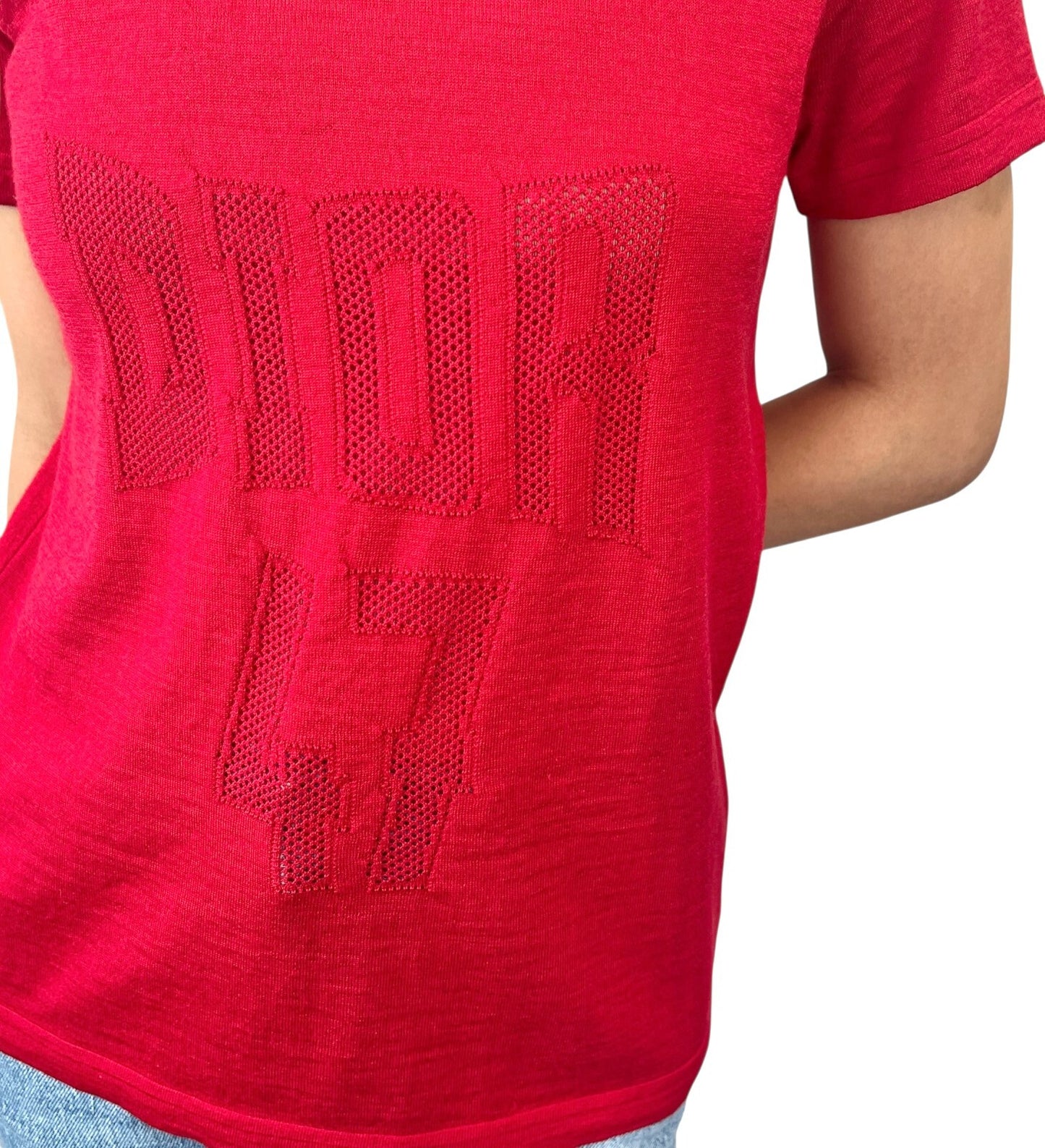 Christian Dior Vintage 2005 Logo Knit Top #42 T-shirt Red Short Sleeve Mesh