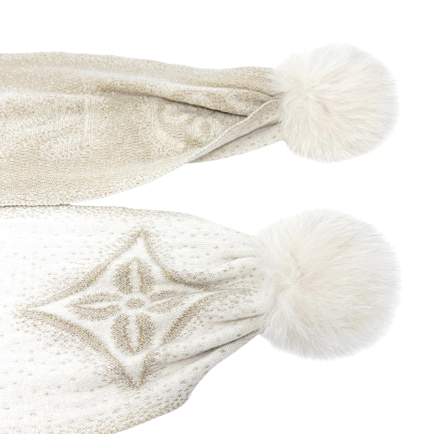 LOUIS VUITTON Vintage Monogram Shine Fox Fur Knit Scarf Shawl Cream Cashmere
