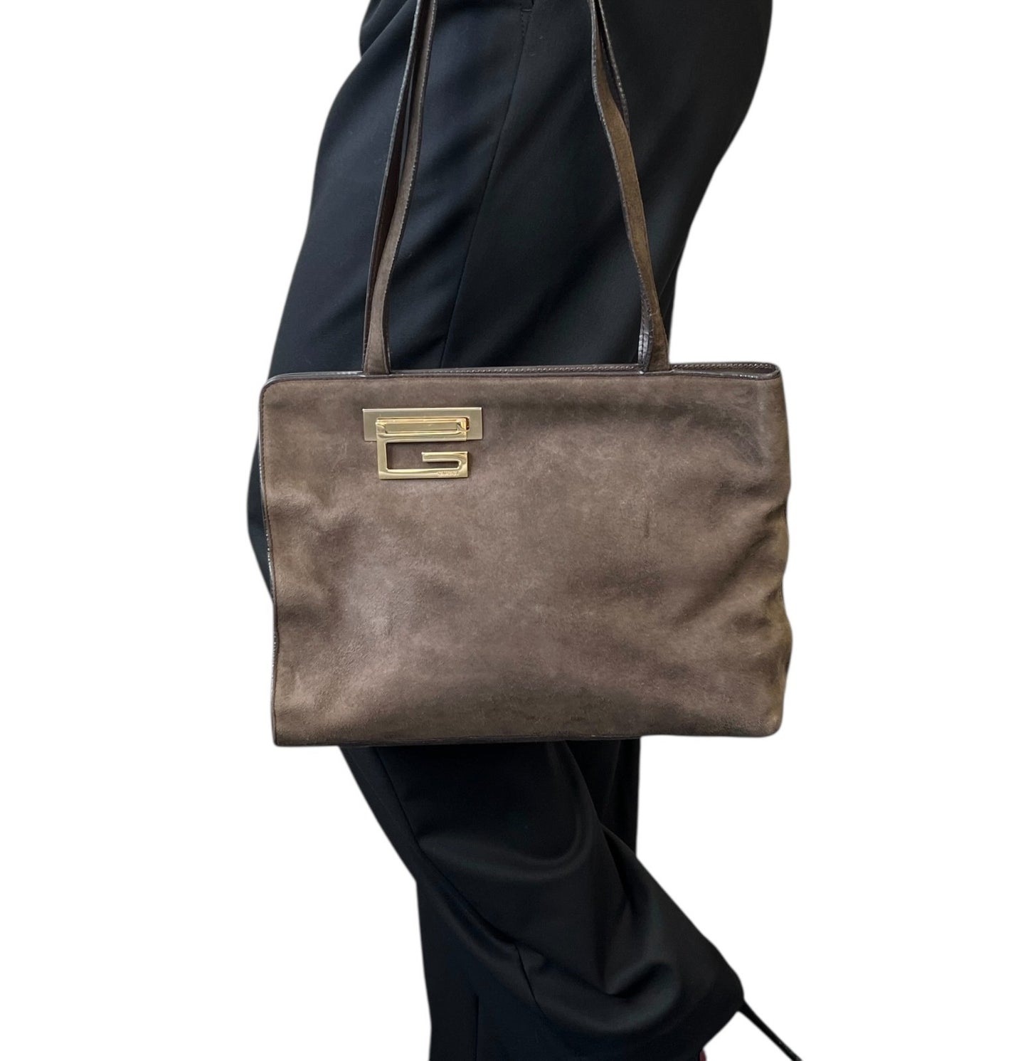 GUCCI Vintage G Square Logo Suede Shoulder Bag Tote Bag Brown Gold Leather