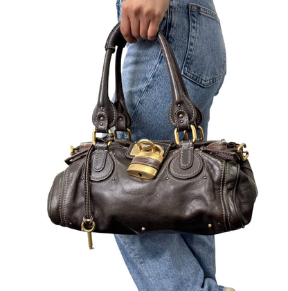 Chloe Vintage Paddington Padlock Key Boston Bag Leather Brown Gold 902822