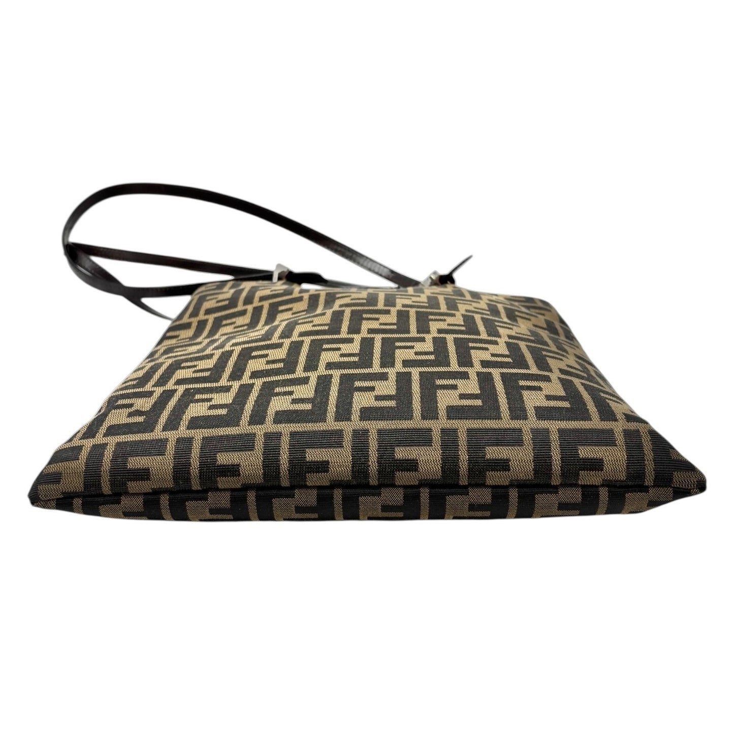 FENDI Vintage Zucca Logo Monogram Canvas Tote Shoulder Bag Leather Brown Silver