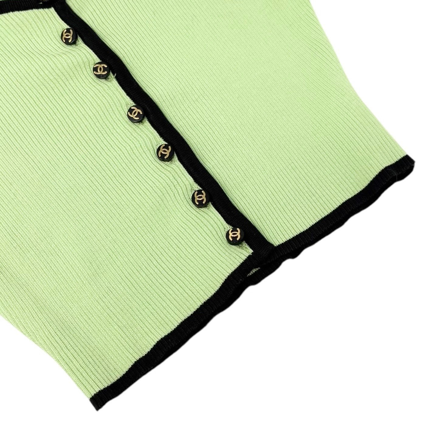 CHANEL Vintage 95P CC Logo Button Knit Cropped Ribbed T-shirt #38 Green Cotton