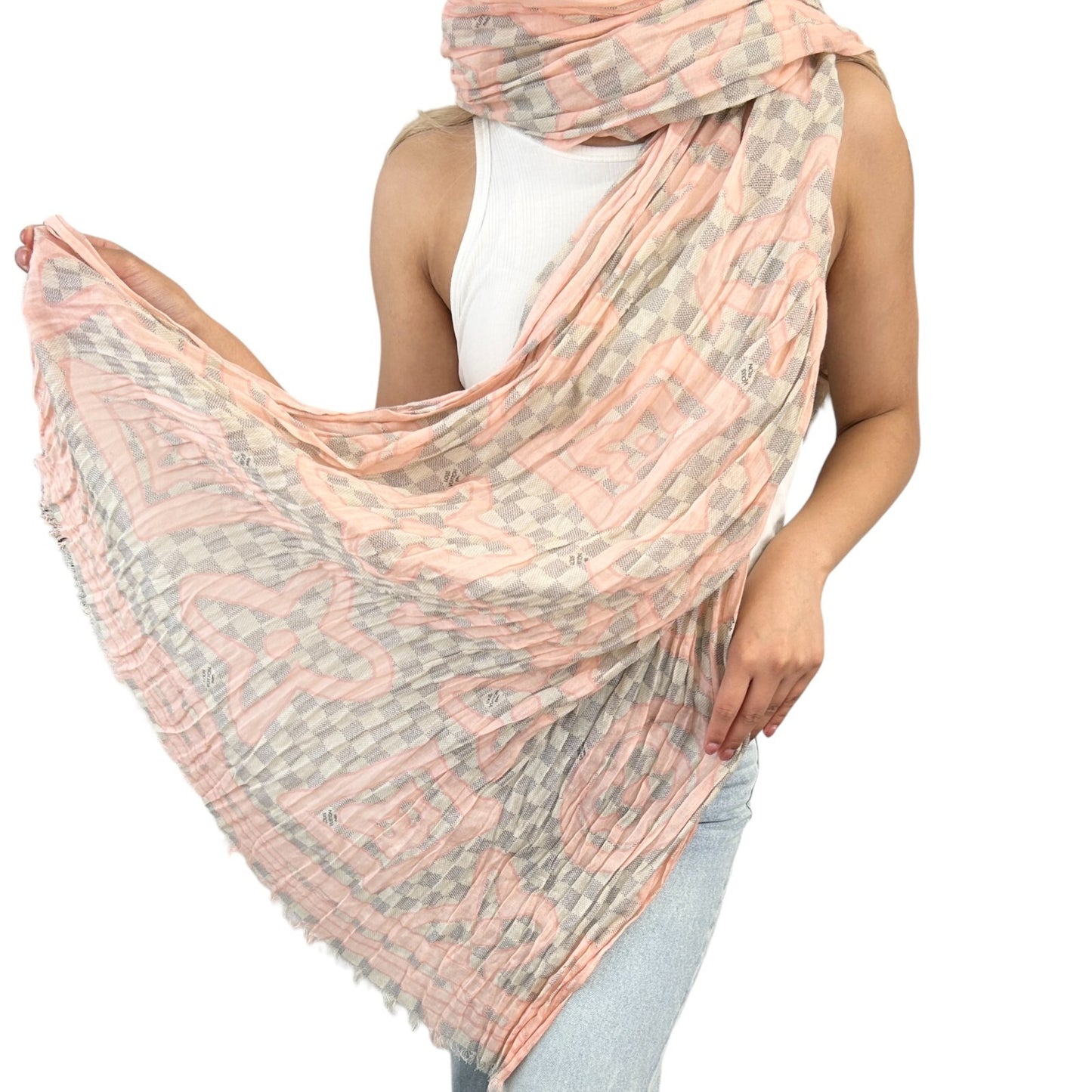 LOUIS VUITTON Vintage Damier Azur Tahitienne Scarves Wrap Pink Gray Cotton