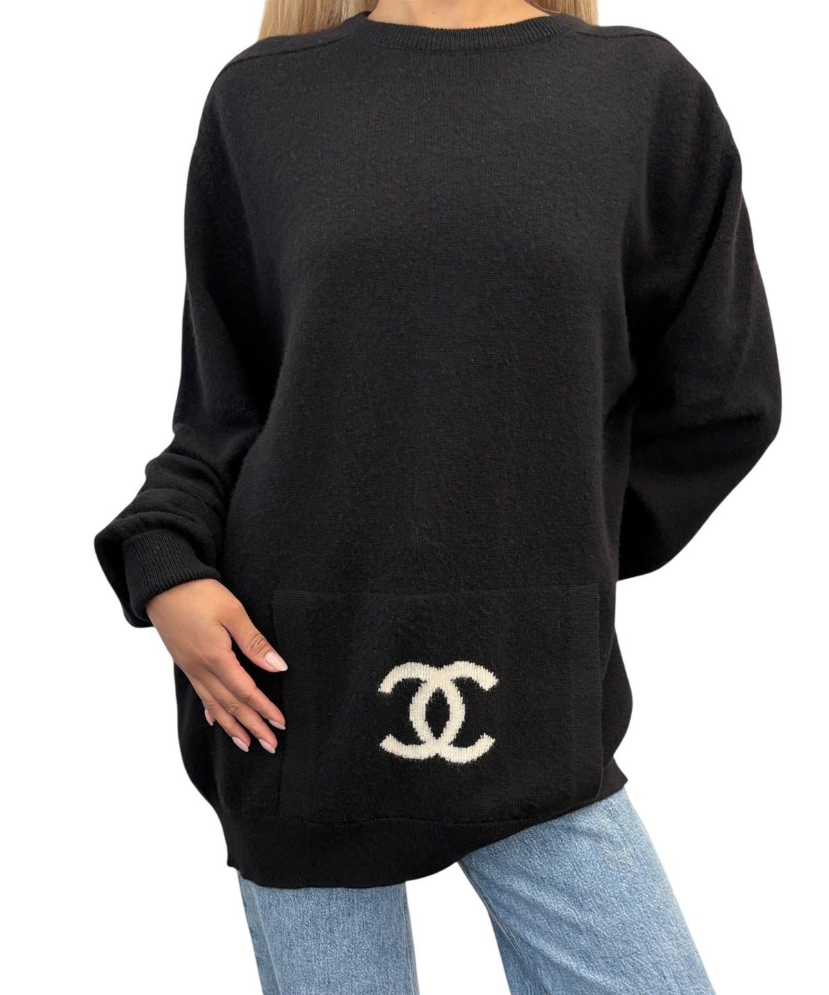 CHANEL Vintage 94A CC Logo Cashmere Pocket Knit Sweater Top Black 902809