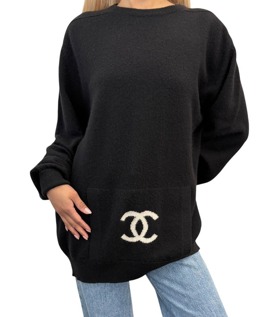 CHANEL Vintage 94A CC Logo Cashmere Pocket Knit Sweater Top Black 902809