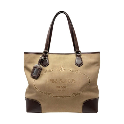 PRADA Vintage Jacquard Logo Tote Bag Brown Silver Canvas Leather 902047