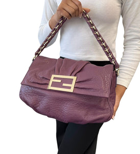 FENDI Vintage FF Logo Mia Shoulder Bag Crossbody 2way Purple Gold Leather